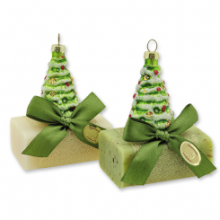 Schafmilchseife eckig 100g dekoriert mit Glasbaum in Cello, Classic/Eisenkraut 