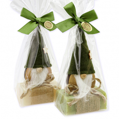 Schafmilchseife eckig 100g dekoriert mit Wichtel in Cello, Classic/Eisenkraut 