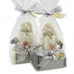 Sheep milk soap 100g decorated with a gnome in a cellophane, Classic/christmas rose silver 
