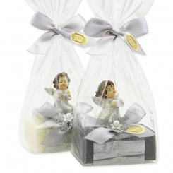Sheep milk soap 100g decorated with an angel in cellophane, Classic/Christmas rose silver 