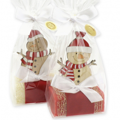 Schafmilchseife eckig 100g dekoriert mit Schneemann in Cello, Classic/Granatapfel 