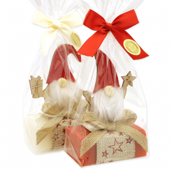 Schafmilchseife eckig 100g dekoriert mit Wichtel in Cello, Classic/Granatapfel 