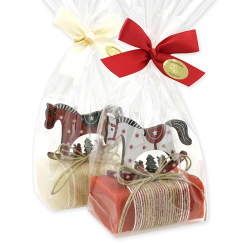 Sheep milk soap 100g deocrated with a rocking horse in a cellophane, Classic/pomegranate 