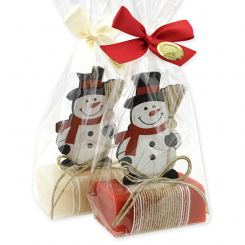 Sheep milk soap 100g deocrated with a snowman in a cellophane, Classic/pomegranate 