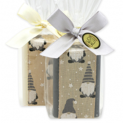 Sheep milk soap 100g decorated with a gnome-ribbon in a cellophane, Classic/christmas rose silver 