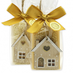 Schafmilchseife eckig 100g dekoriert mit Haus in Cello, Classic/Zirbe 