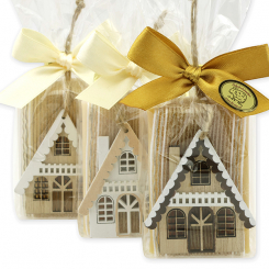 Schafmilchseife eckig 100g dekoriert mit Haus in Cello, sortiert 