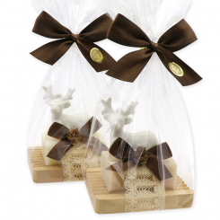 Sheep milk soap 100g on a soap dish decorated with a deer in a cellophane, Classic/almond oil 