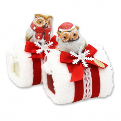 Schafmilchseife eckig 100g mit Waschlappen dekoriert mit Eule, Classic/Granatapfel 