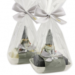 Sheep milk soap 150g on a soap dish decorated with a gnome in a cellophane bag, Classic/christmas rose silver 