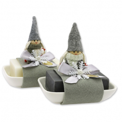 Sheep milk soap 150g on a soap dish decorated with a gnome, Classic/christmas rose silver 
