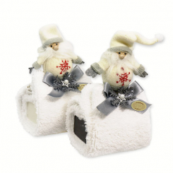 Schafmilchseife eckig 100g mit Waschlappen, dekoriert mit Wollwichtel, Classic/Christrose 