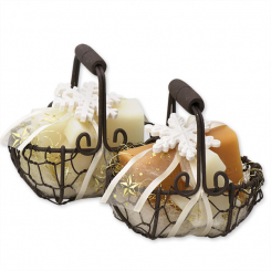 Wire basket filled with sheep milk soap 100g and soap tree 16g decorated with a snowflake, Classic/quince 