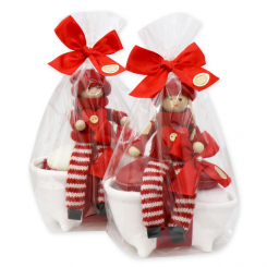 Bath tube filled with sheep milk soap 150g decorated with a washcloth and a gnome in a cellophane, Classic/pomegranate 