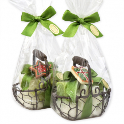 Wire basked filled with a sheep milk soap 100g and a star 20g decorated with decorations in a cellophane, Classic/verbena 