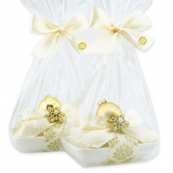 Schafmilchseife eckig 150g auf Seifenschale dekoriert mit Weihnachtskugel in Cello, sortiert 