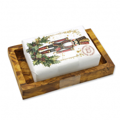 Sheep milk soap 150g "Colorful Holidays motif 17" on a soap dish, Swiss pine 