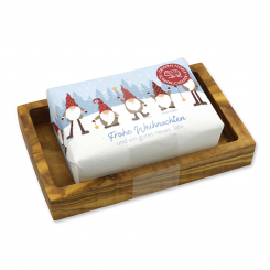Sheep milk soap 150g "Colorful Holidays motif 3" on a soap dish, Christmas rose white 