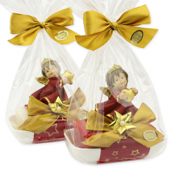 Sheep milk soap 150g on a soap dish decorated with an angel in a cellophane, Classic/pomegranate 