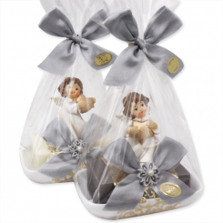 Sheep milk soap 150g on a soap dish decorated with an angel in a cellophane bag, Classic/christmas rose silver 