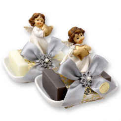 Sheep milk soap 150g on a soap dish decorated with an angel, Classic/christmas rose silver 