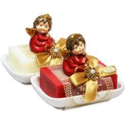 Sheep milk soap 150g on a soap dish decorated with an angel, Classic/pomegranate 