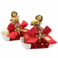 Sheep milk soap 150g on a soap dish decorated with an angel, Classic/pomegranate 