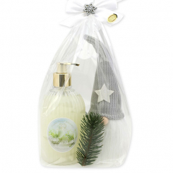 Liquid soap 500ml with a gnome in a cellophane bag, Christmas rose white 
