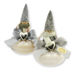 Schafmilchseife rund 100g in der Dose dekoriert mit Filzwichtel, Classic/Schneerose 