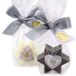 Sheep milk soap star 20g decorated with christmas decorations in a cellophane, Classic/christmas rose silver 