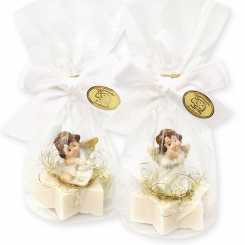 Schafmilchseife Stern midi 20g dekoriert mit Engel in Cello, Schneerose 