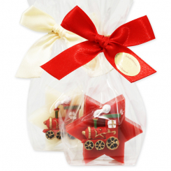 Schafmilchseife Stern midi 20g dekoriert mit Lokomotive in Cello, Classic/Granatapfel 