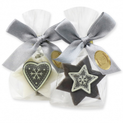 Sheep milk soap 20g star decorated with christmas decorations in a cellophane, Classic/christmas rose silver 