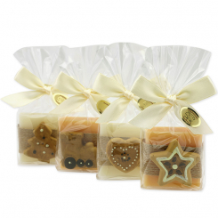 Schafmilchseife Quadrat 35g dekoriert mit Lebkuchen in Cello, Classic/Zirbe 