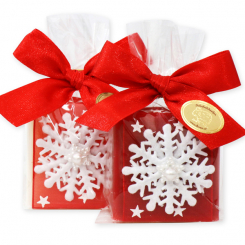 Schafmilchseife Quadrat 35g dekoriert mit Schneeflocke in Cello, Classic/Granatapfel 