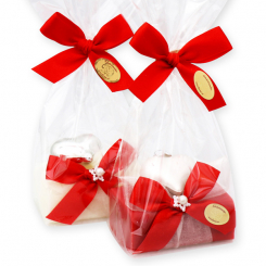 Schafmilchseife eckig 100g dekoriert mit Glasherz in Cello, Classic/Granatapfel 