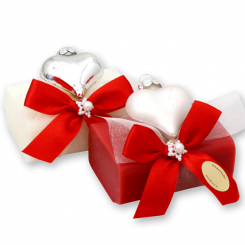 Schafmilchseife eckig 100g dekoriert mit Glasherz, Classic/Granatapfel 