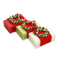 Schafmilchseife eckig 100g dekoriert mit Häkelkranz, sortiert 
