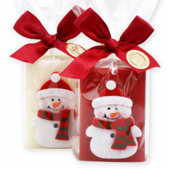 Sheep milk soap 100g decorated with a snowman in a cellophane, Classic/pomegranate 