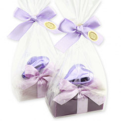 Sheep milk soap 100g decorated with a glass christmas heart in a cellophane, Elderberry/lilac 