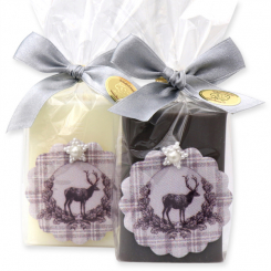 Sheep milk soap 100g decorated with a deer in a cellophane, Classic/christmas rose silver 