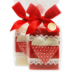 Schafmilchseife eckig 100g dekoriert mit Stoffherz in Cello, Classic/Granatapfel 