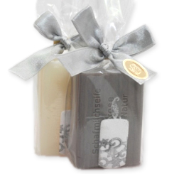 Schafmilchseife eckig 100g dekoriert mit Filzkerze in Cello, Classic/Christrose 