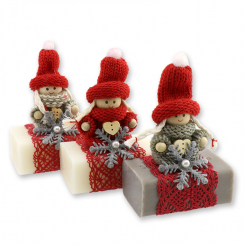 Schafmilchseife eckig 100g dekoriert mit Wollwichtel, Classic/Christrose 