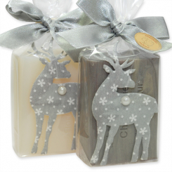 Sheep milk soap 100g decorated with a deer packed in a cellophane, Classic/christmas rose silver 