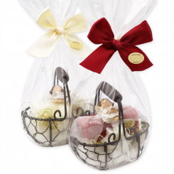 Wire basket filled with sheep milk soap 100g and star 20g in a cellophane decorated with an angel, Classic/pomegranate 