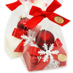Sheep milk soap 100g decorated with a glass christmas ball in a cellophane, Classic/pomegranate 