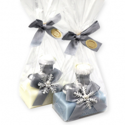 Schafmilchseife eckig 100g dekoriert mit Stiefel in Cello, Classic/Eisblume 