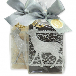 Sheep milk soap 100g decorated with a glittering deer in a cellophane, Classic/christmas rose silver 