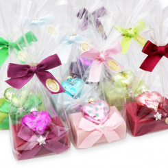 Sheep milk soap 100g decorated with a glass christmas heart in a cellophane, sorted 